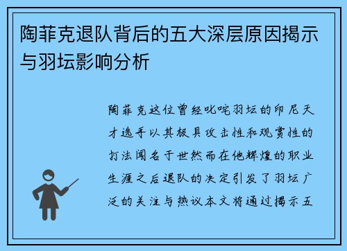 陶菲克退队背后的五大深层原因揭示与羽坛影响分析