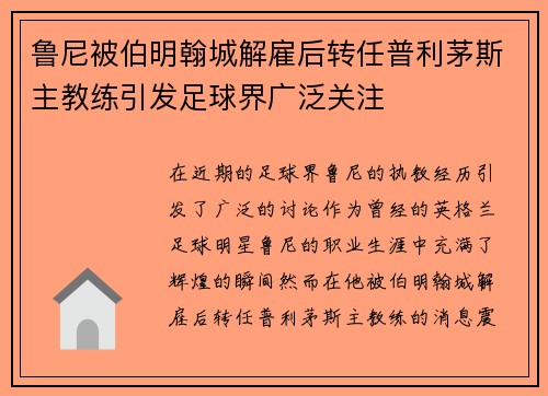 鲁尼被伯明翰城解雇后转任普利茅斯主教练引发足球界广泛关注